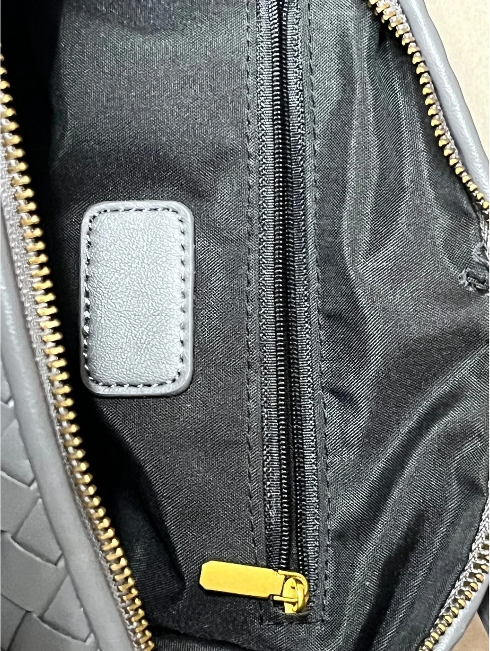 Chic Gray Woven Leather Shoulder Bag with Gold Hardware